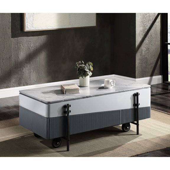 Grey And White High Gloss Coffee Table With Adjustable Lift Function Practical Storage Facility Top Space