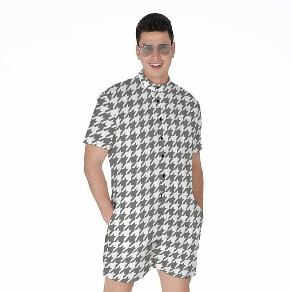 Grey And White Houndstooth Pattern Short Sleeve Men'S Rompers Casual Summer Jumpsuits Outfit