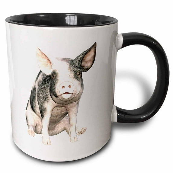 3drose, Grey and White Pig Sitting Down and Looking Forward, 15oz Two-tone Black Mug