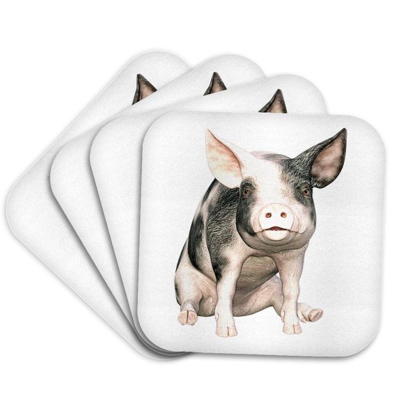 3drose, Grey and White Pig Sitting down and Looking Forward, Set of 4 Coasters - Soft