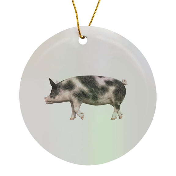 3drose, Grey and White Pig Walking to the Right, Circle Porcelain Ornament