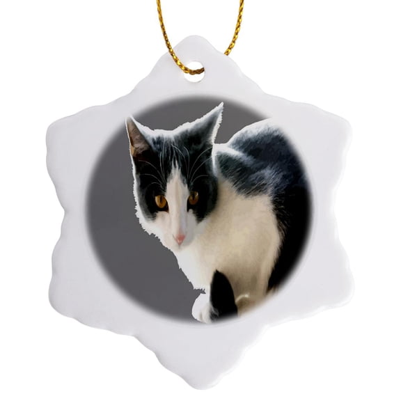 3drose, Grey and White Tuxedo Cat Vector Art, 3 inch Snowflake Porcelain Ornament