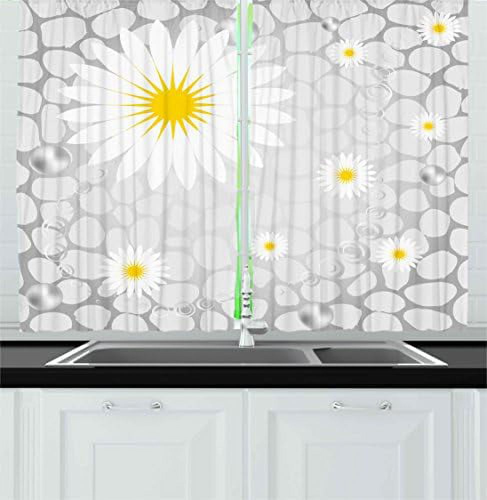 Grey And Yellow Kitchen Curtains, Hawaiian Island Flowers On Abstract