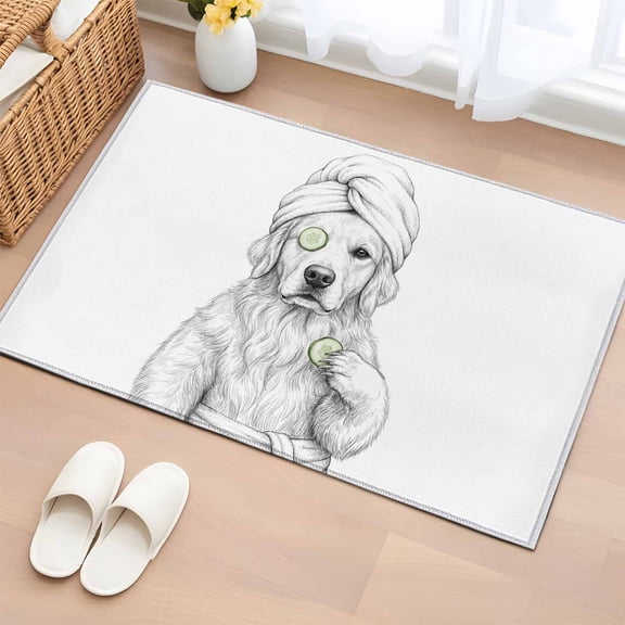 Grey Animals 2'x3' Rug for Entryway Front Door Kitchen Sink Area, Funny Dog with Bath Wrap Cucumber Slice Gray Modern Low Pile Washable Non Slip Rectangle Area Rug