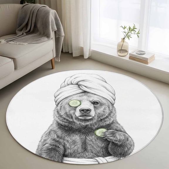 Grey Animals 3.3' Round Rug for Bedroom Reading Corner, Funny Grizzly Bear with Bath Wrap Cucumber Slice Gray Modern Washable Non Slip Circle Area Rug