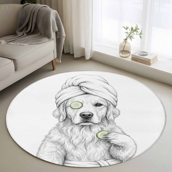 Grey Animals 3.3' Round Rug for Bedroom Reading Corner, Funny Dog with Bath Wrap Cucumber Slice Gray Modern Washable Non Slip Circle Area Rug