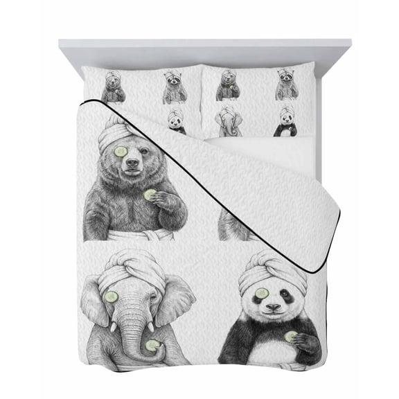Grey Animals 3 Piece Quilt Set King Size, Funny Bear Raccoon Elephant Panda Gray Modern Soft Bedspread Coverlet Bedding Set Microfiber Lightweight Comforter Set with 2 Pillowcases for Bedroom