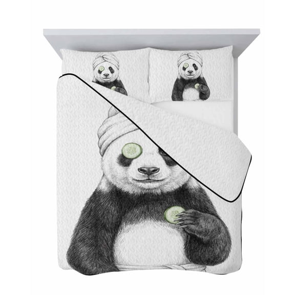 Grey Animals 3 Piece Quilt Set Twin Size, Funny Panda with Bath Wrap Gray Modern Soft Bedspread Coverlet Bedding Set Microfiber Lightweight Comforter Set with 2 Pillowcases for Bedroom