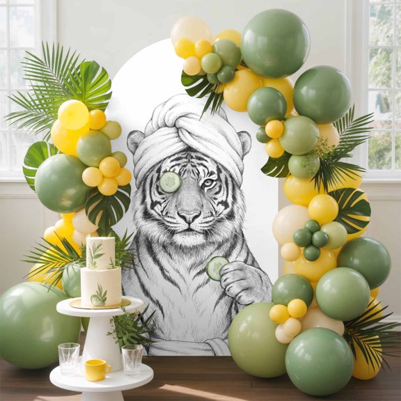 Grey Animals Arch Backdrop Cover, 4FT, Funny Tiger with Bath Wrap Cucumber Slice Gray Modern Spandex Arch Covers Double-Sided Backdrop for Wedding Birthday Party Photo Background Decoration