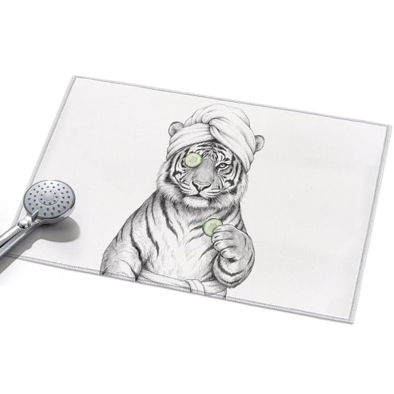 Grey Animals Area Rug, Funny Tiger with Bath Wrap Cucumber Slice Gray Modern Non-Slip Felt Rubber Backing Rectangle Indoor Carpet Washable Rugs for Living Room Bedroom 2x3ft