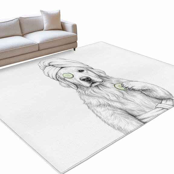 Grey Animals Area Rugs 6x9ft Funny Dog with Bath Wrap Cucumber Slice Gray Modern Floor Rug Non Slip Low Pile Ultra Soft Throw Carpet for Entryway Indoor Entrance Kitchen Bathroom