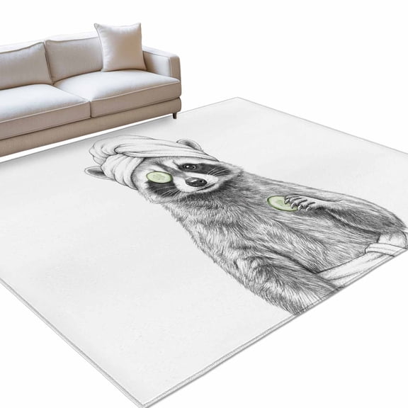 Grey Animals Area Rugs 6x9ft Funny Raccoon with Bath Wrap Cucumber Slice Gray Modern Floor Rug Non Slip Low Pile Ultra Soft Throw Carpet for Entryway Indoor Entrance Kitchen Bathroom