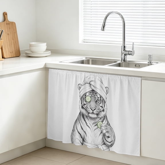Grey Animals Cabinet Curtain, Funny Tiger with Bath Wrap Cucumber Slice Gray Modern Sink Skirt for Bathroom, Under Sink shelf Curtain Privacy Drape for Kitchen Laundry Room 10x11in