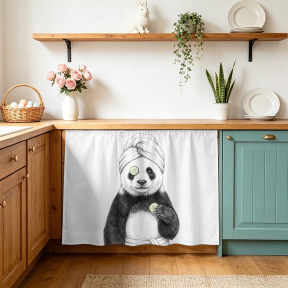 Grey Animals Cabinet Curtains 10" W x 11" L Funny Panda with Bath Wrap Gray Modern Waterproof Adhesive Kitchen Under Sink Curtain Dust-Proof Dishwasher Skirt for Closet