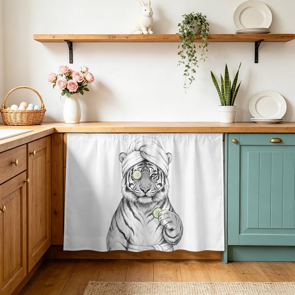Grey Animals Cabinet Curtains 10" W x 11" L Funny Tiger with Bath Wrap Cucumber Slice Gray Modern Waterproof Adhesive Kitchen Under Sink Curtain Dust-Proof Dishwasher Skirt for Closet