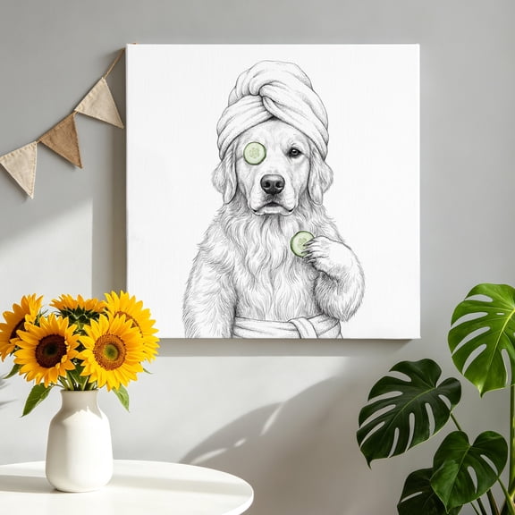 Grey Animals Canvas Wall Art for Living Room, Funny Dog with Bath Wrap Cucumber Slice Gray Modern Poster Print Painting for Bedroom Office Home Decoration Wall Pictures Prepare To Hang 8"x8"