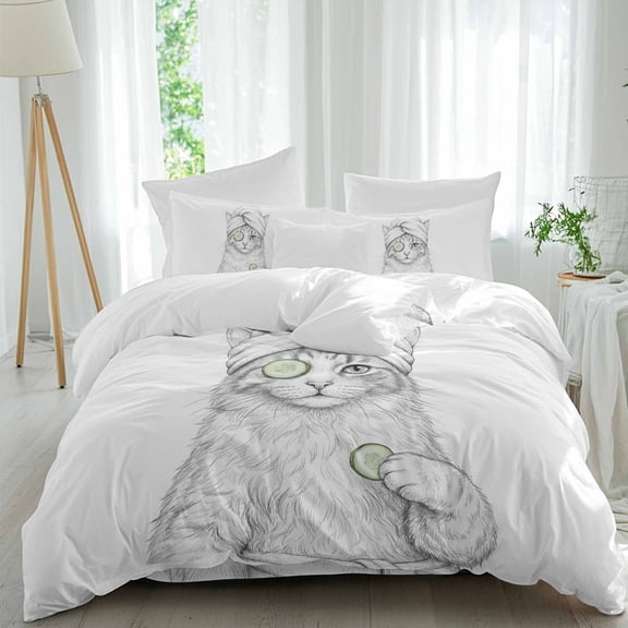 Grey Animals Comforter Set Queen Size, Funny Cat with Bath Wrap Cucumber Slice Gray Modern Soft Bedding Set for Man Woman, 4 Pieces Duvet Cover Set with Fitted Sheet, 2 Pillowcases