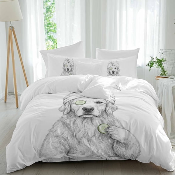 Grey Animals Comforter Set Queen Size, Funny Dog with Bath Wrap Cucumber Slice Gray Modern Soft Bedding Set for Man Woman, 4 Pieces Duvet Cover Set with Fitted Sheet, 2 Pillowcases