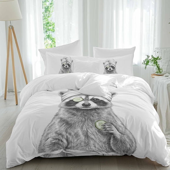 Grey Animals Comforter Set Twin Size, Funny Raccoon with Bath Wrap Cucumber Slice Gray Modern Soft Bedding Set for Man Woman, 4 Pieces Duvet Cover Set with Fitted Sheet, 2 Pillowcases