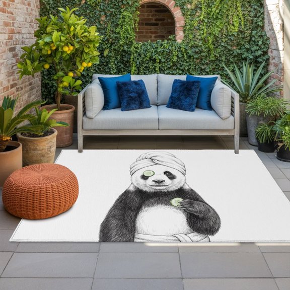 Grey Animals Indoor Outdoor Rugs 3x5 Ft, Funny Panda with Bath Wrap Gray Modern Outdoor Patio Rugs Mat Washable Outside Area Rugs Carpet for Porch Deck RV Camping Pool Balcony Backyard