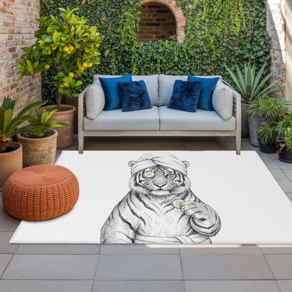 Grey Animals Indoor Outdoor Rugs 4x6 Ft, Funny Tiger with Bath Wrap Cucumber Slice Gray Modern Outdoor Patio Rugs Mat Washable Outside Area Rugs Carpet for Porch Deck RV Camping Pool Balcony Backyard