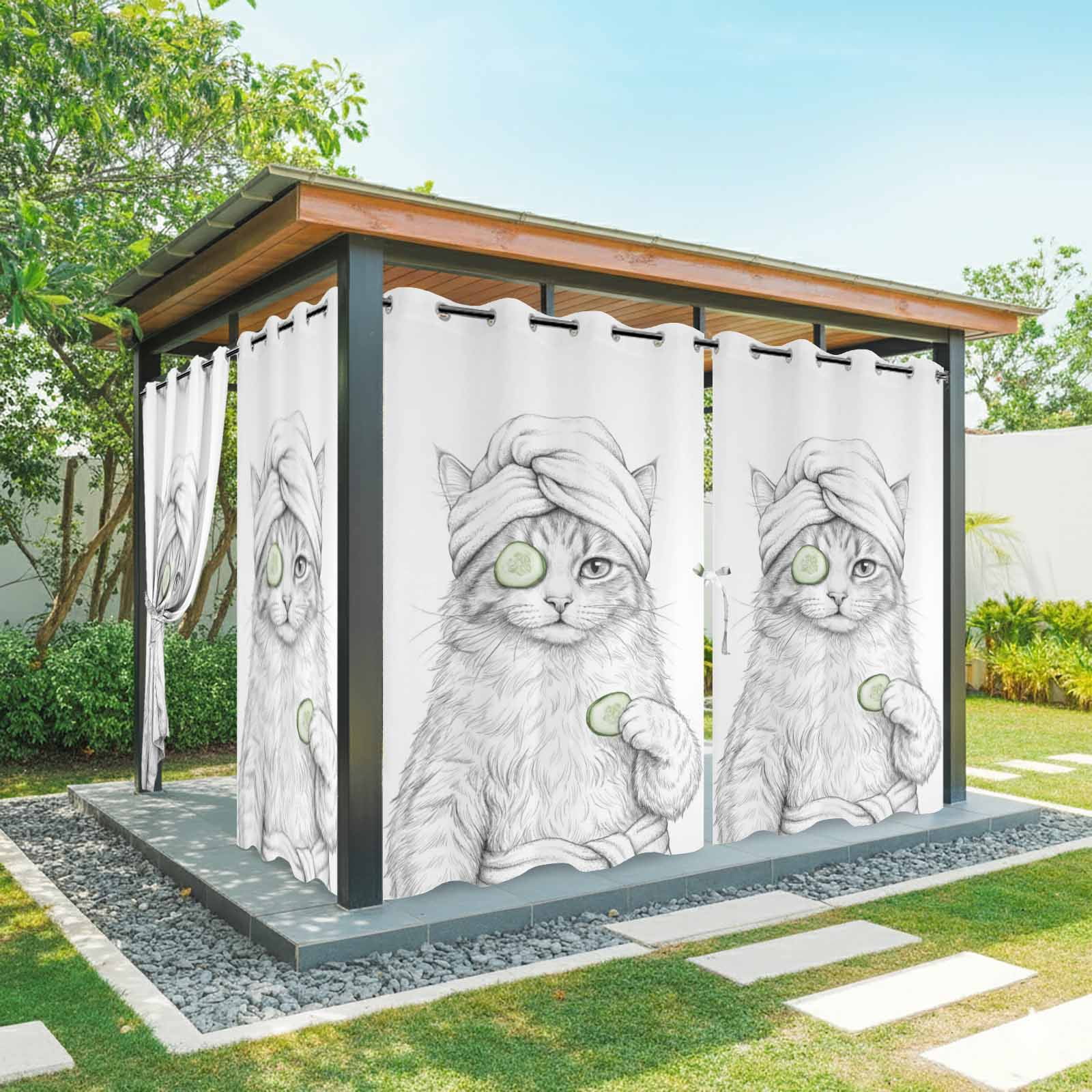 Grey Animals Outdoor Curtains for Patio, Funny Cat with Bath Wrap Cucumber Slice Gray Modern Sunshade Privacy Drapes Grommet Waterproof Outside Curtains for Porch/Cabana/Balcony 54"x 108", 1 Panel