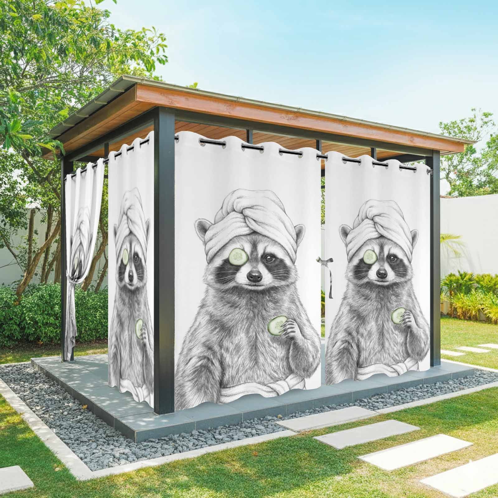 Grey Animals Outdoor Curtains for Patio, Funny Raccoon with Bath Wrap Cucumber Slice Gray Modern Sunshade Privacy Drapes Grommet Waterproof Outside Curtains for Porch/Cabana/Balcony 54"x108", 1 Panel