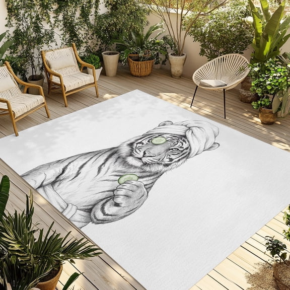 Grey Animals Outdoor Rug 3x5 ft Funny Tiger with Bath Wrap Cucumber Slice Gray Modern Non Slip Patio Rug Washable Absorbent Large Outdoor Carpet Outside Mat for Porch RV Garden Camping