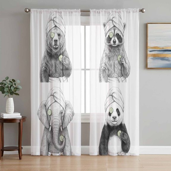Grey Animals Pattern Sheer Curtains for Living Room Bedroom, Funny Bear Raccoon Elephant Panda Gray Modern Light Filtering Sheer Curtain Rod Pocket Voile Window Treaments Drapes, 52 x 84 Inches