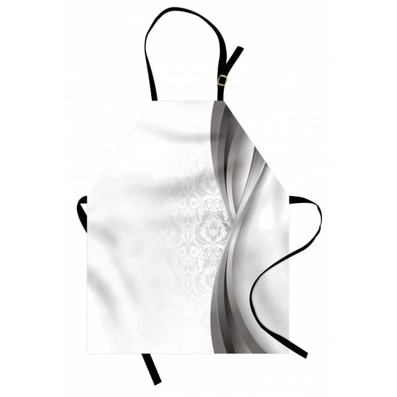 Grey Apron Wavy Vertical Curved Stripes with Flowers and Leaves Vintage Damask Inspired, Unisex Kitchen Bib Apron with Adjustable Neck for Cooking Baking Gardening, Gray Pale Grey White, by Ambesonne