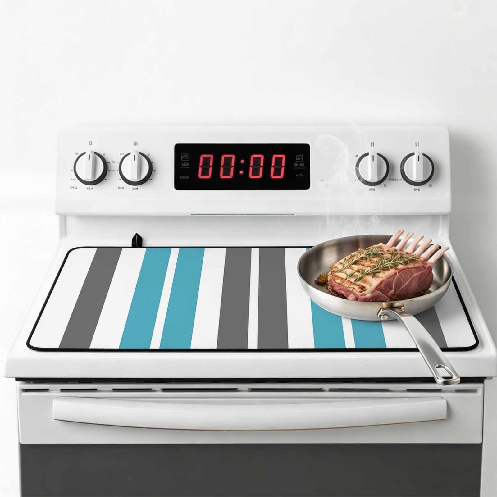 Grey Aqua Stripes, Stove Top Cover for Electric Stove, Heat-proof & Non Slip Glass Top Stove Cover Protector, Abstract Contemporary Minimalist Geometric Kitchen Flat Cooktop Rubber Mat 24x21 Inches
