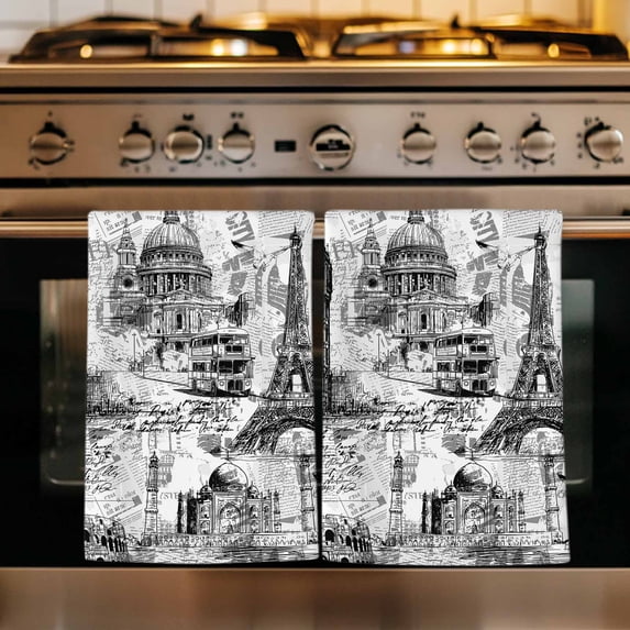 Grey Architecture Kitchen Towels Set of 3, Abstract City Vintage Eiffel Tower Absorbent Dish Towels for Kitchen, Microfiber Hand Towel, Quick Drying Tea Towel for Cleaning Decorative Dishcloths