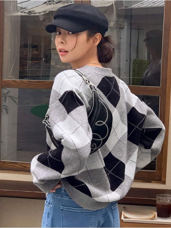 Grey Argyle Button Front Cardigan Women V Neck Drop Shoulder Loose Knit Top Fall