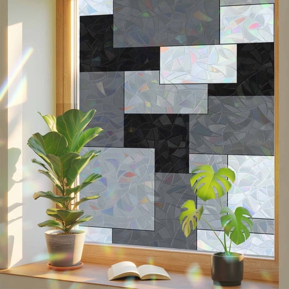 Grey Art Color Block Geometry Grid Window Privacy Film, Rainbow Film Decorative Window Sticker 17.7x39.3in, Abstract Sun Blocking Static Stained Glass Cling Tint Non-Adhesive