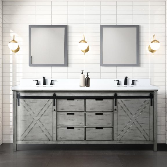 Grey Ash Double Bath Vanity with Mirrors / Two Cabinets, Drawers & Easy Install