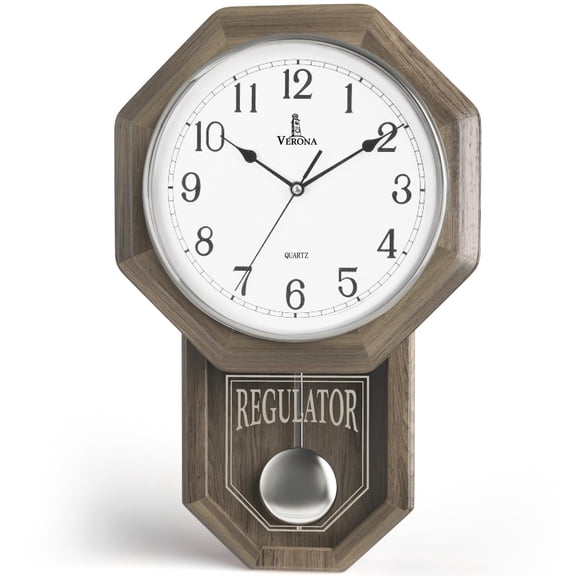 Grey Ash Regulator Pendulum Wall Clock - Octagonal Wooden Frame, Quartz