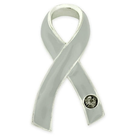 Grey Awareness Ribbon with Rhinestone Enamel Lapel Pin