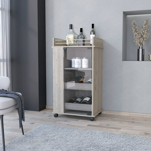 Grey Bar Cart With , 2 Shelf, And Glass Door For Entertaining Modern Long-lasting