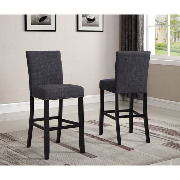 Grey Bar Stools, 2 - Hardwood Construction, Nailhead Trim, 44"h, 30"h Seat, 16"x23 2 Fabric Stools Frame, 23"x16