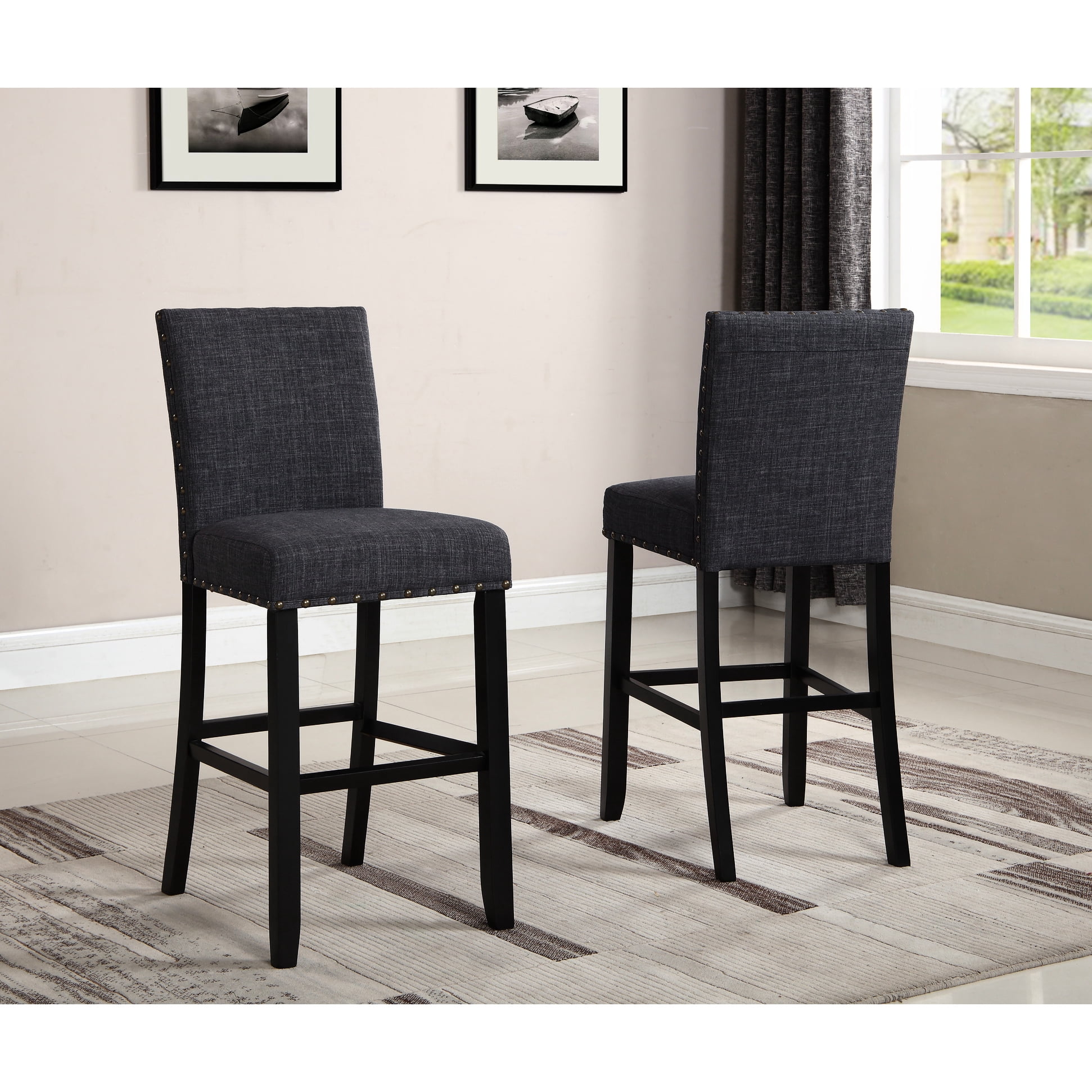 16 Stools Grey Bar Stools (2 ) - Hardwood, Nailhead Trim, 44