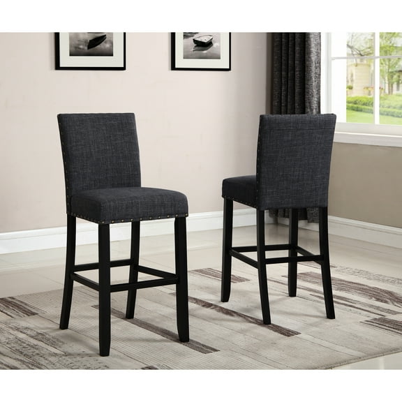 Grey Bar Stools (2 ) - Hardwood, Nailhead Trim, 44"h, 30"h Seat, 16"x23" Dimensions (2) Seat Height, 16"x23