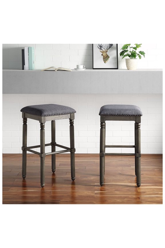 Grey Bar Stools Set of 2, Upholstered Wood Counter Stools - Rustic Chic Kitchen Island Chairs - Pub Table Stools for Home, Bar, Dining, 29.25 Inch Height
