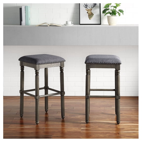 Grey Bar Stools Set of 2, Upholstered Wood Counter Stools - Rustic Chic Kitchen Island Chairs - Pub Table Stools for Home, Bar, Dining, 29.25 Inch Height
