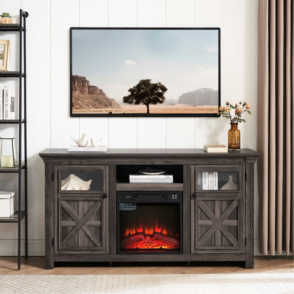 Grey Barn-Style Entertainment Console / 30 Minutes - 6 Hours Fireplace Timer