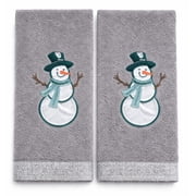 Grey Bath Hand Towels 2 Piece Embroidery Snowman Winter Wonder
