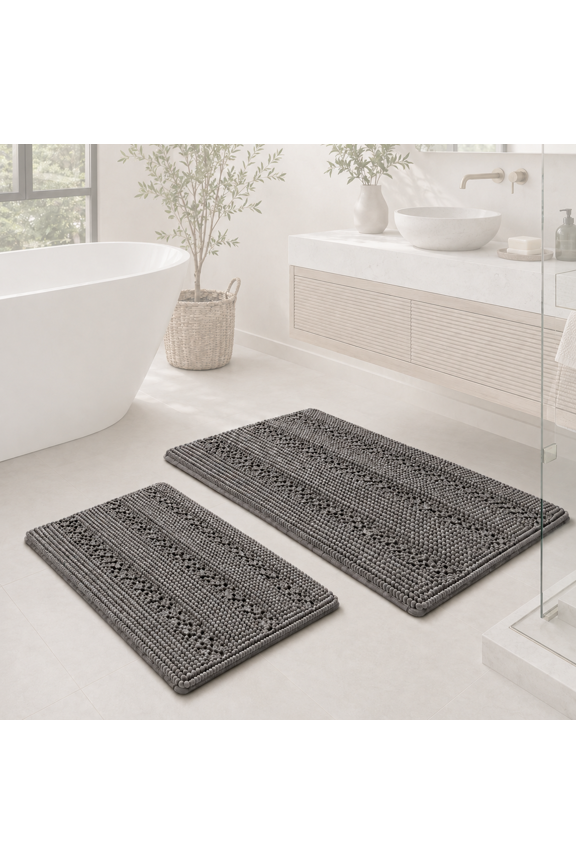 Vibrant Striped Bath Rug, Absorbent, Machine Washable, Pack of 2 (20" x 32"/17"x 24") Gray