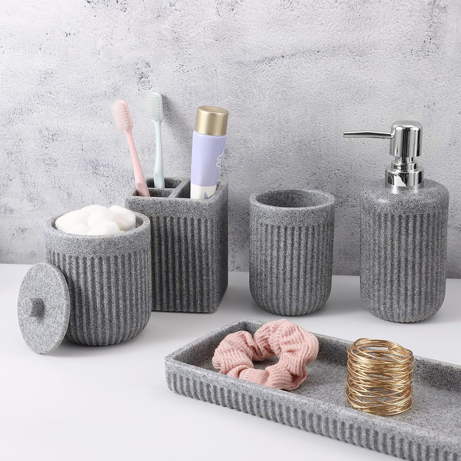 Grey Bathroom Accessories Set 5 Pcs, Lotion Soap Dispenser, Toothbrush ...