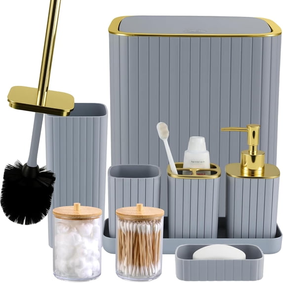 Grey Bathroom Accessory Set-9PC Set with Toilet Brush, Trash Can, Soap Dispenser, Q-Tip Holder | Modern Home Bath Essentials (Grey, Bath Set)