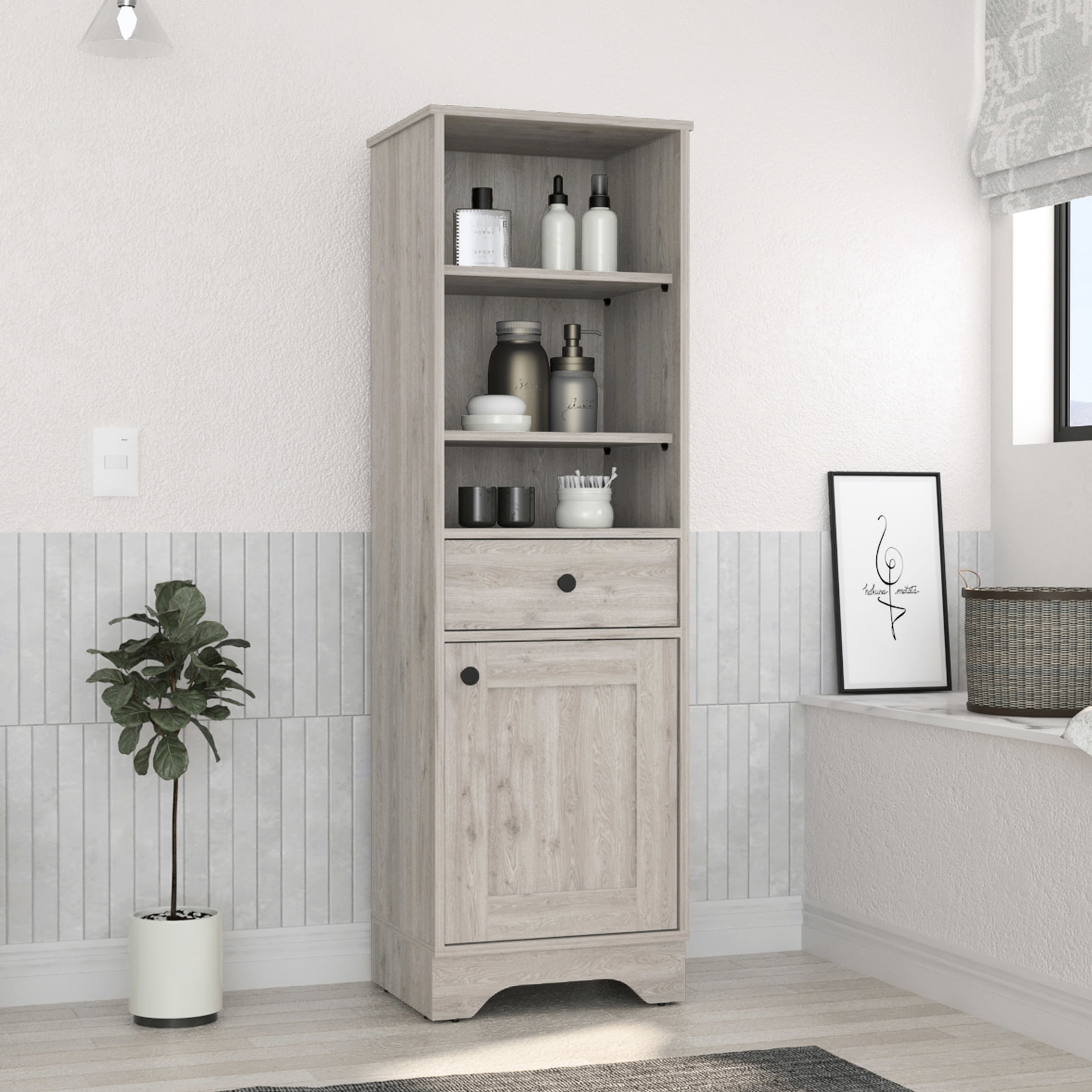 Grey Bathroom Cabinet, 4 Shelves, 1 Door, Freestanding, Engineered Wood Element Modern ...
