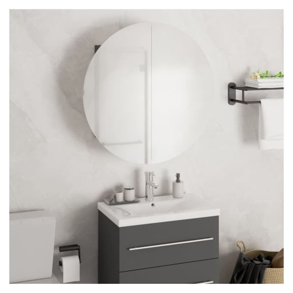 Grey Bathroom Cabinet with Mirror & LED Light, Wall Mounted Storage Organizer - Modern Round Design, 2 Doors, 18.5" x 18.5"